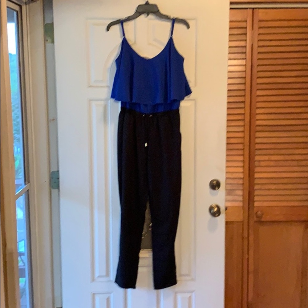 Blue and black pantsuit